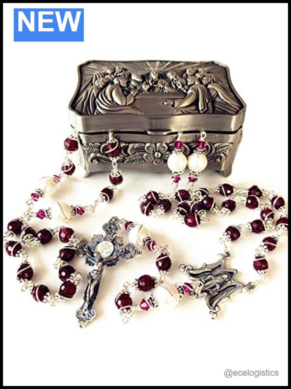 Handmade Sterling Silver Ruby Bead Rosary Cross Catholic Necklace Gift Box